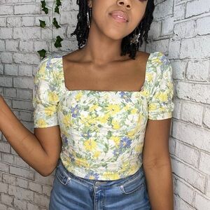 Squareneck Linen Floral Blouse